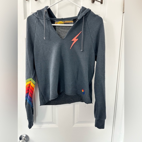 Aviator Nation Bolt Stitch Chevron6 Split Neck- Raglan Pullover Crop Hoodie Blue - Picture 2 of 8